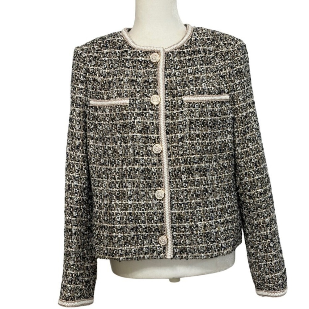 Elie Tahari Tweed Jacket Braided Trim Gold Crest Buttons Blazer L - Picture 3 of 15